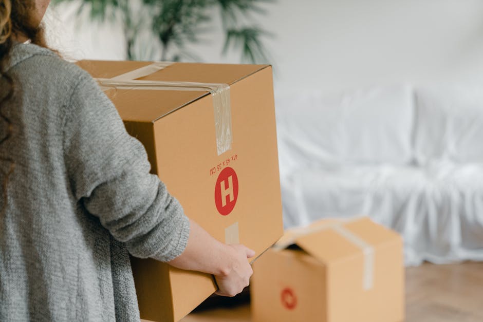 A person wearing a grey knitted sweater is seen holding a medium-sized cardboard box with packing tape securing the top flaps, preparing it for moving or home relocation. In the background, there are more packed boxes, some sealed with tape, arranged on a wooden floor. A white fabric-covered sofa is visible against a light-colored wall, indicating an indoor setting likely within a residential property. The scene appears well-lit with natural light, highlighting the careful handling of household items during the packing process. The image captures the act of furniture transport and packing as part of a professional removal service, such as those provided by Movers Haringey, focused on efficient and secure house removals, ensuring belongings are ready for safe transport and delivery.