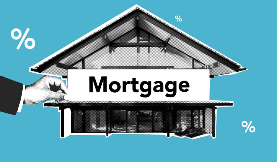 A black-and-white illustration of a two-storey house with a pitched roof, depicted against a light blue background. A hand in a suit sleeve is shown placing a large white sign with bold black text reading 'Mortgage' onto the front of the house. Surrounding the house are several white percentage symbols floating in the background, indicating financial or interest rate themes related to house financing. The scene is evenly lit, emphasizing the house exterior, which is detailed with windows and a porch area, and the action of attaching the sign suggests the process of homeownership planning or property transactions, aligning with house removals and relocation considerations as discussed in the 'Removals cost in Haringey' real cost guide for 2026, with reference to moversharingey.co.uk and their removals service.