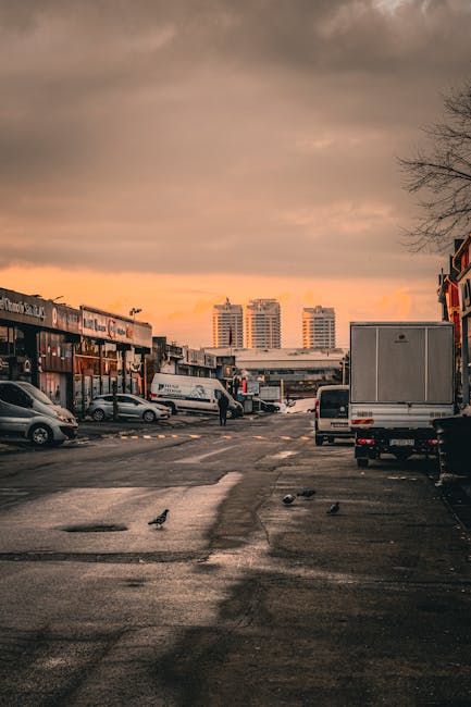 A view of a commercial parking area at sunset with a cloudy sky, featuring several parked vehicles including a white delivery van, a silver car, and a small truck. On the right side, there are buildings with shopfronts and awnings, while on the left side, additional cars are parked along the curb. In the background, three high-rise residential buildings are visible against the orange and pink hues of the evening sky. The surface of the parking lot appears wet, possibly from recent rain, with a few birds walking across the area. A person can be seen near the centre of the image, possibly involved in loading or unloading items, which may be related to home or business relocations. This scene represents a typical urban setting suitable for professional removals and furniture transport services like those provided by Movers Haringey, especially during last-minute moves or urgent home relocations in the Wood Green N22 area.